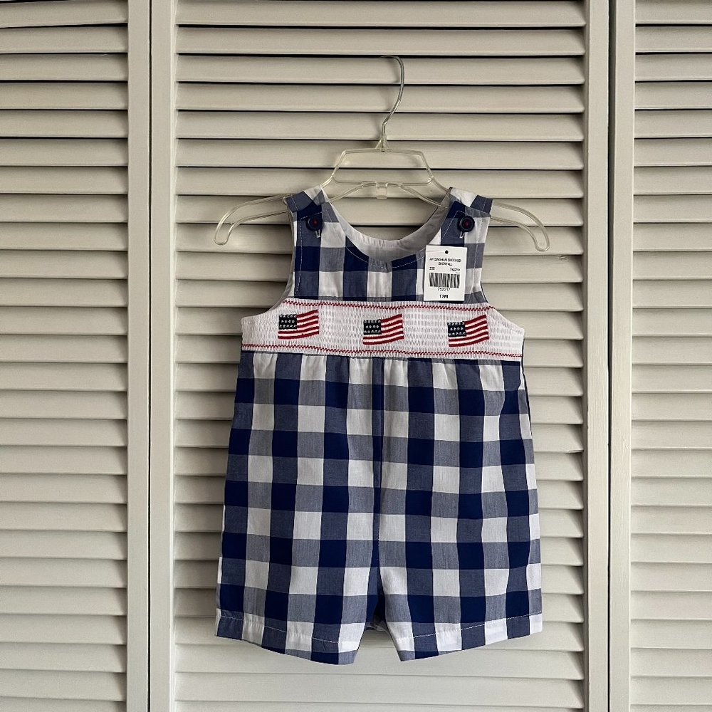 NEW with tags Good Lad American flag gingham smocked shortall boy’s sz 12 months